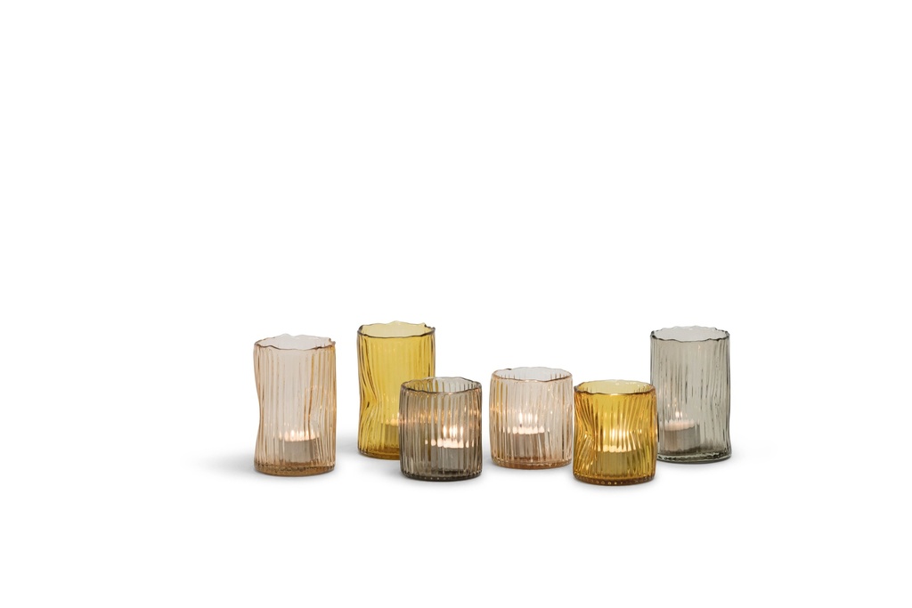T-Light holder organic ribbed smoke - glass - Ø 8,5x8cm - 6/24