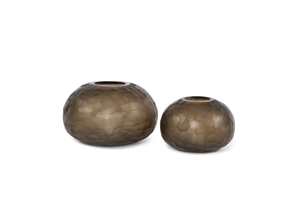 Vase rounded faceted - handcut solid -  - smoke - small - Ø20x13,5cm - p/1/4