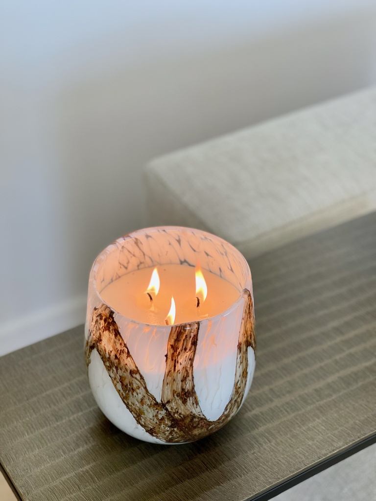 Scented candle thick vase white spots and amber brown with lava finish - Ø 11,5 x 11cm - 1 - int. cot. - p/4