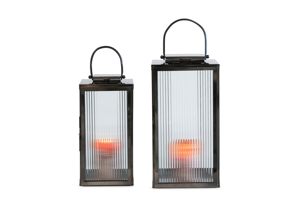 Lantern black nickel with vertical ribbed glass & leather handle - medium - 24x24x51cm - 1/1