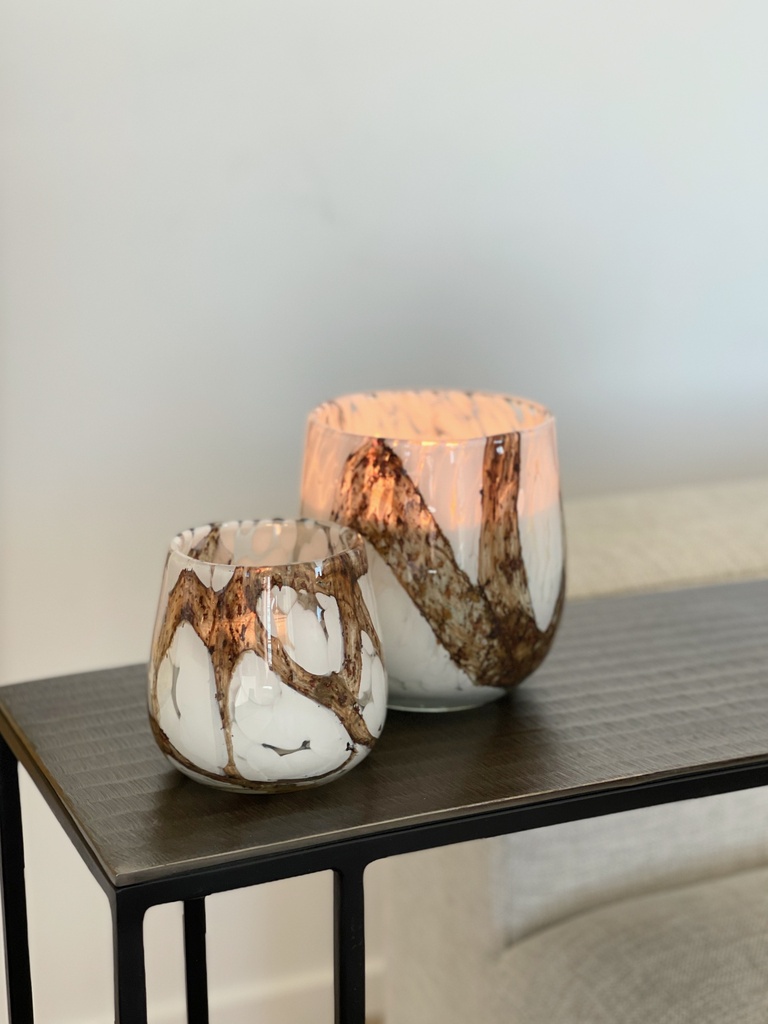 Scented candle thick vase white spots and amber brown with lava finish - Ø 11,5 x 11cm - 1 - int. cot. - p/4