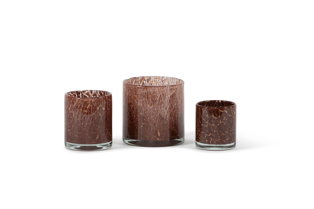 Thick votive cylinder with craquelure design - glass -  burgundy gold - Ø9 x 10cm - p/6
