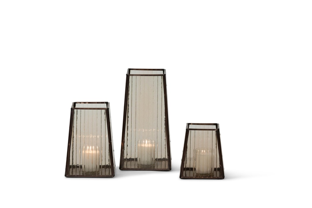T-light holder copper antique with copper stripe glass - 12 x 12 x 13,5 cm - p 4/12