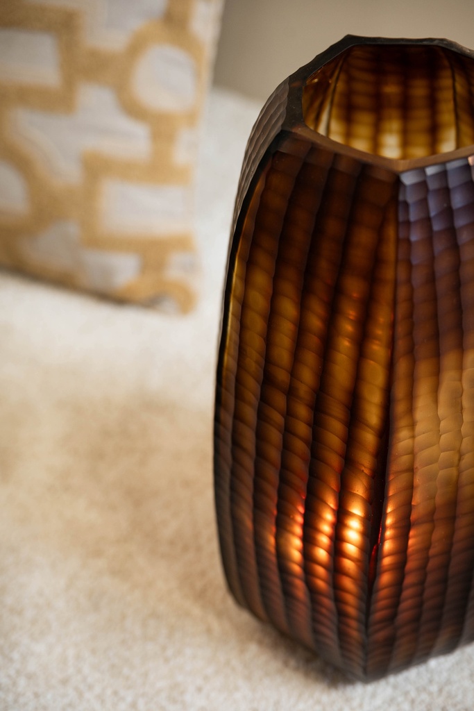 Mouthblown vase vertical flat cutting brown / cream - large - Ø28x46cm - p/1/1