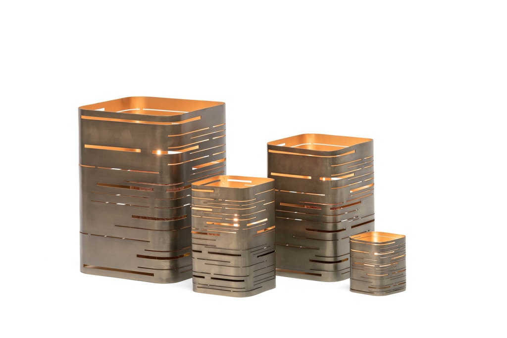 Hurricane set of 3 square horizontal cut nickle antique / gold leafing inside - 12,5x12,5x20cm / 16,5x16,5x25,5cm / 22x22x32cm - 1/4