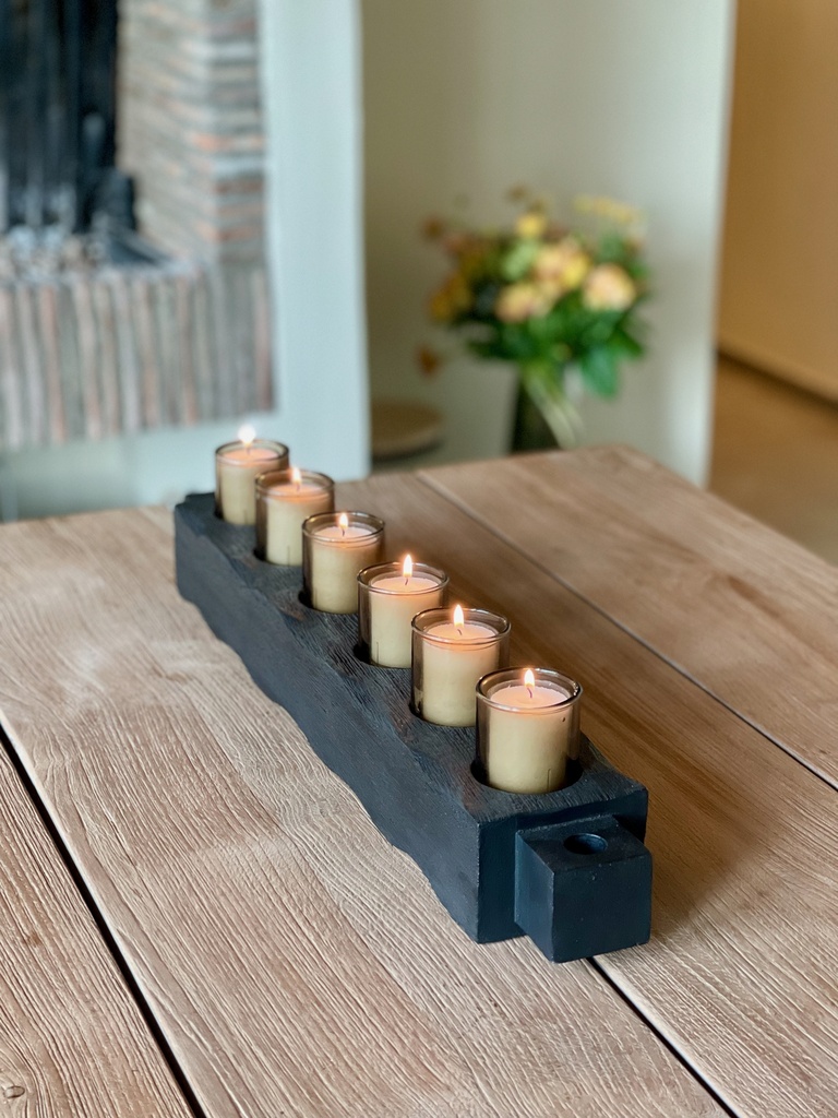 TLightholder with 6 glasses (DCGI574) incl.- wood & glass - black mat brushed + smoke - 59X9X6,5cm - p 2