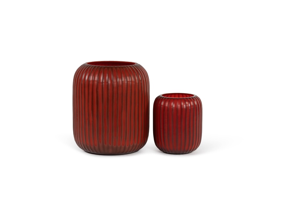 Mouthblown vase vertical ribbed red/orange medium - Ø20 x 24 cm - p 1
