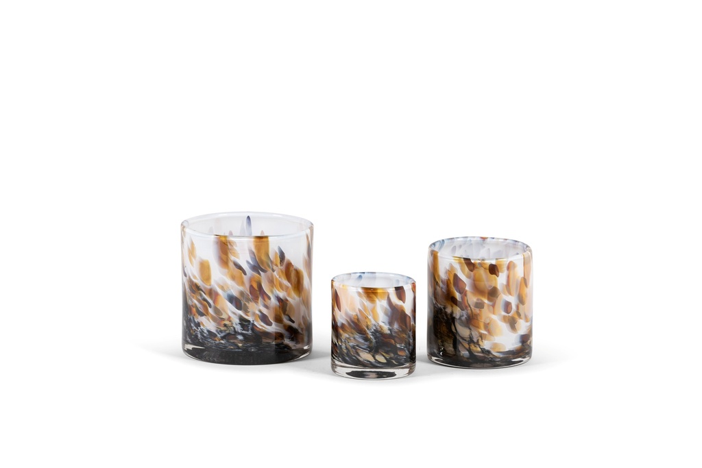 Thick votive cylinder with caramel design - glass - white & brown - Ø9 x 10cm - p/6