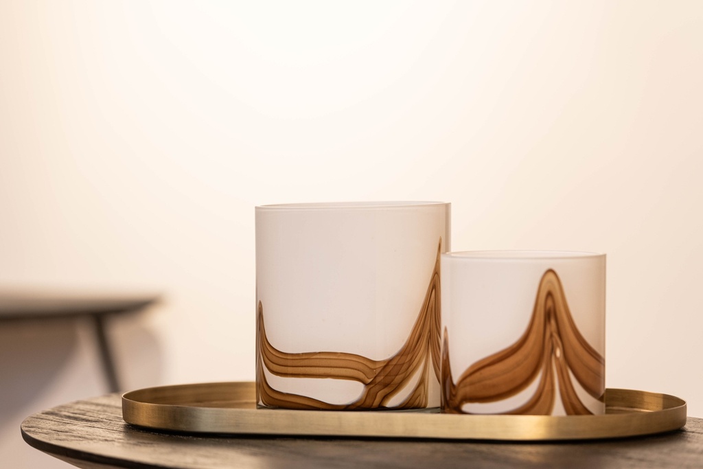 Thick votive cylinder Waves - glass - white brown - Ø 14x15cm - p/4