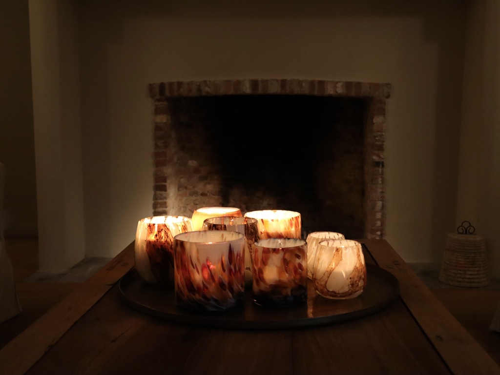 Thick votive cylinder with caramel design - glass - white & brown - Ø9 x 10cm - p/6