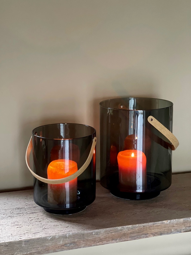 Hurricane with handle - glass + wood + smoke + natural oak - small Ø 22,5x28cm - p/1/1
