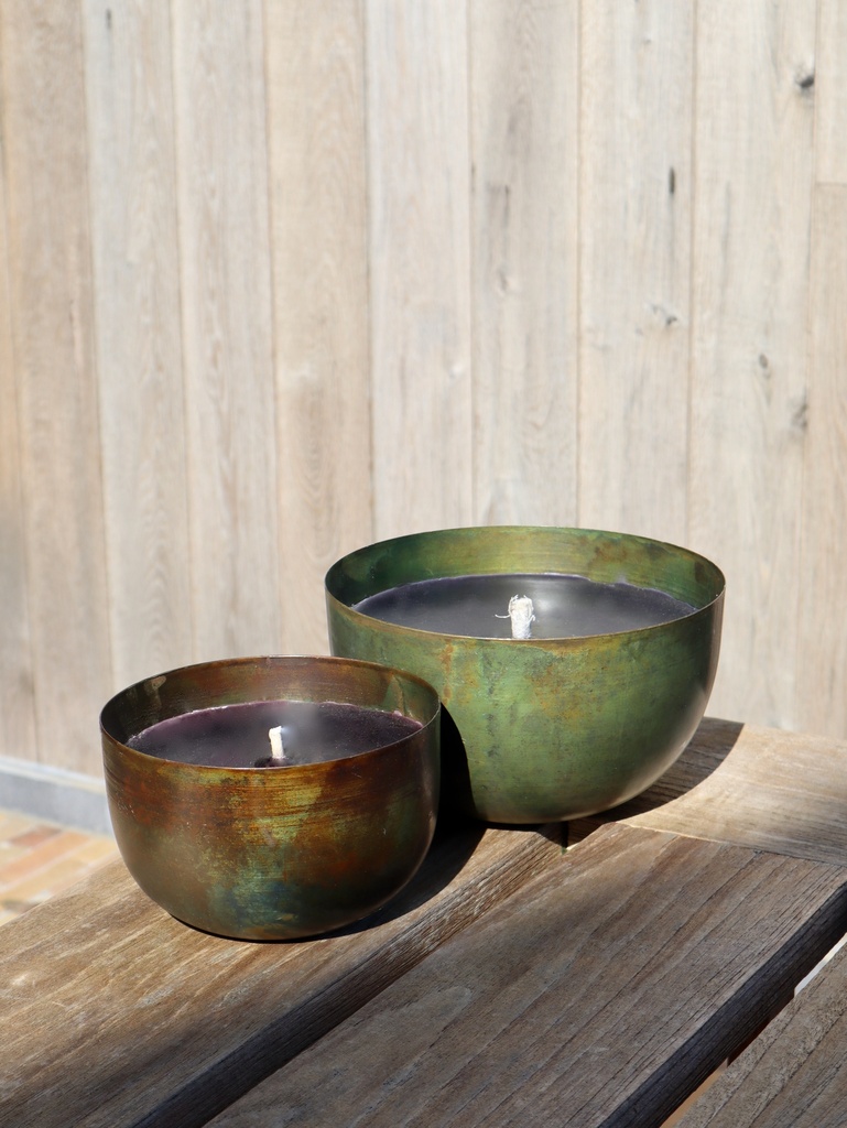 Set of 2 brass green patina planters - Ø 20.5 x 12.5cm+Ø 15.5 x 10.5cm - 1 - ext. cot. - p /2 sets
