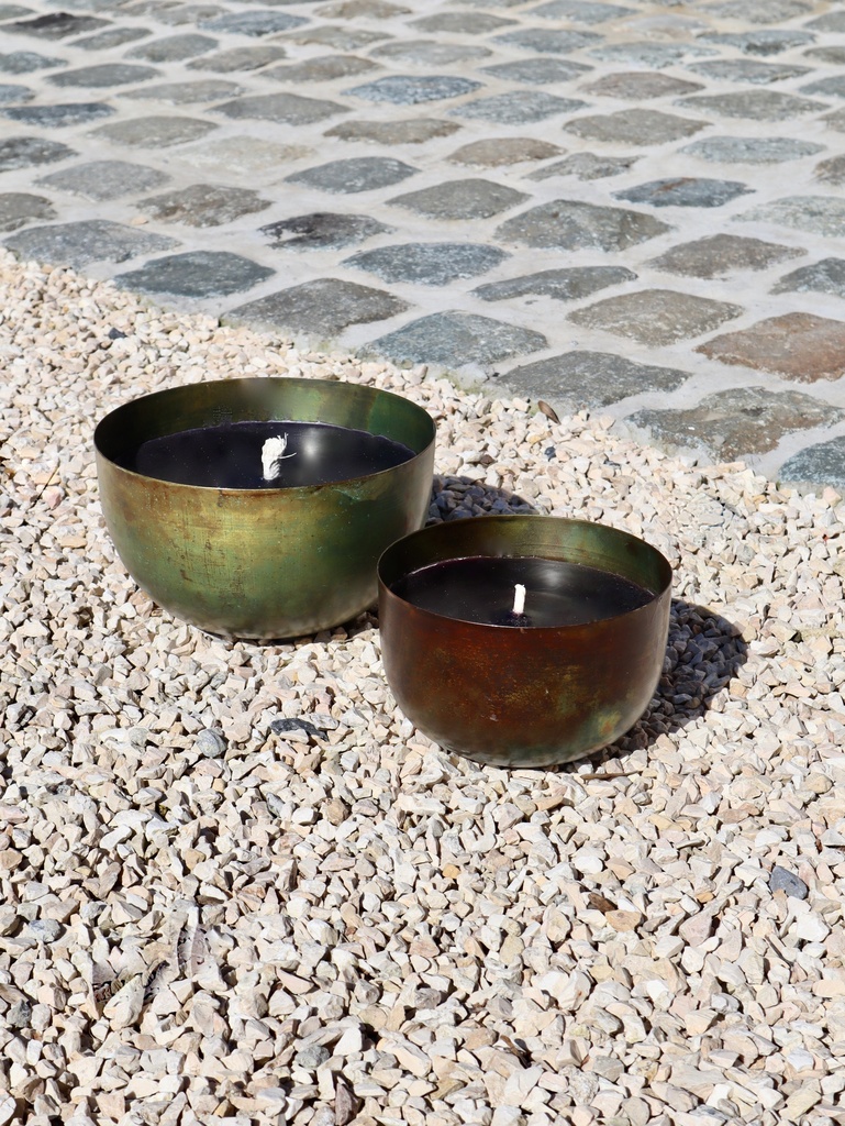 Set of 2 brass green patina planters - Ø 20.5 x 12.5cm+Ø 15.5 x 10.5cm - 1 - ext. cot. - p /2 sets