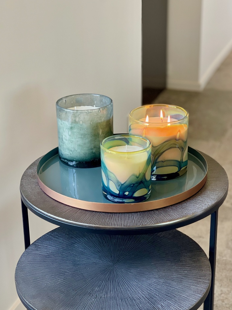 Scented candle thick votive cylinder with blue wave design - Ø11 x 12cm - 2 - int. cot. - p/4