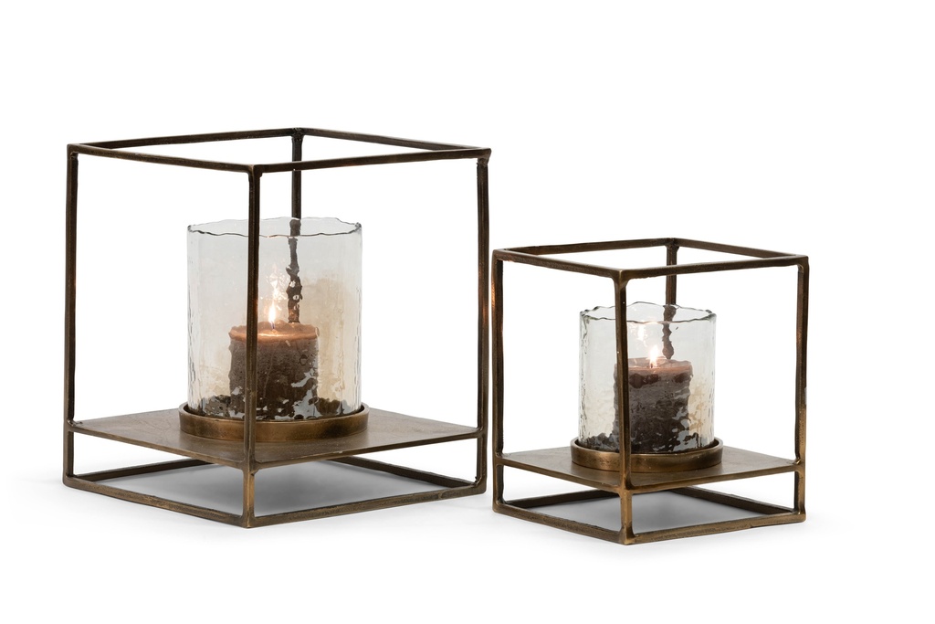 Hurricane square with round hammered glass - aluminium & glass - creamy gold & brown - small 35,5x35,5x40cm - p1/1