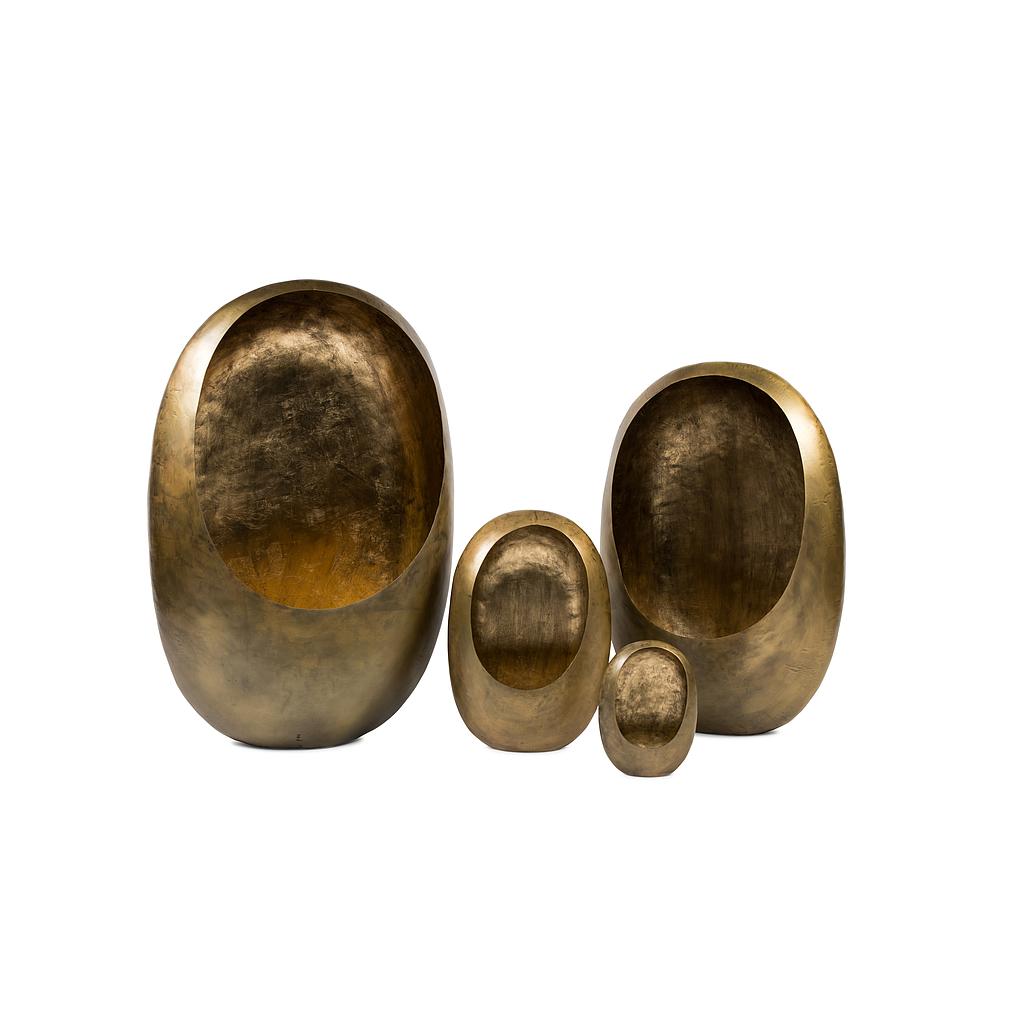 Standing egg Tlight holder - metal - antique brass outside, antique gold leafing inside - small 15x9x21cm - p/4/12