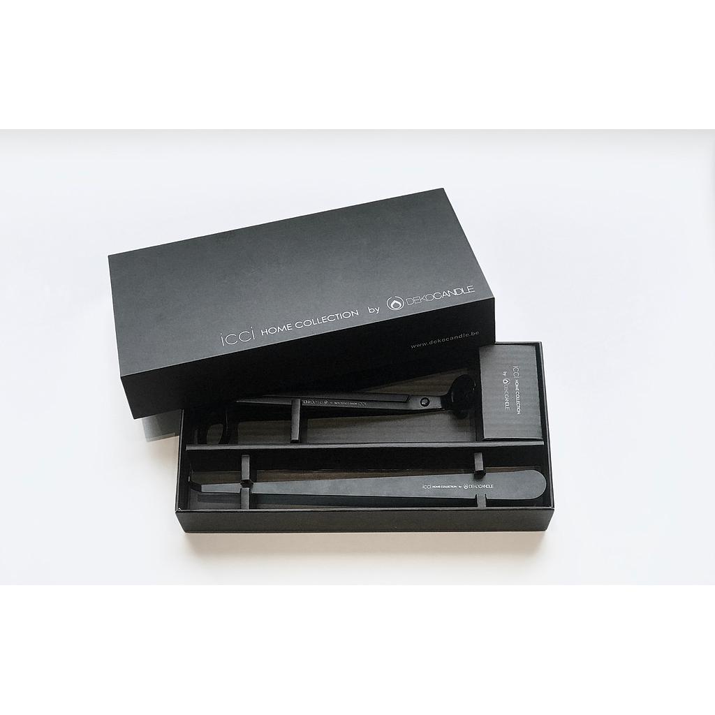 Giftbox with wicktrimmer and positioner - metal - black - 22x11x3,5cm - p/4