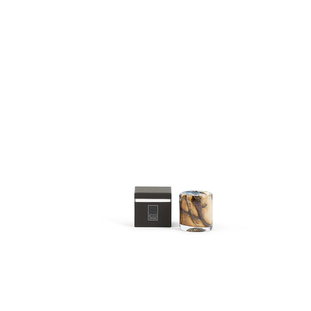 Scented candle thick ocher glass votive cylinder with bark design - Ø 9x10cm - 1 - int. cot. - p/6