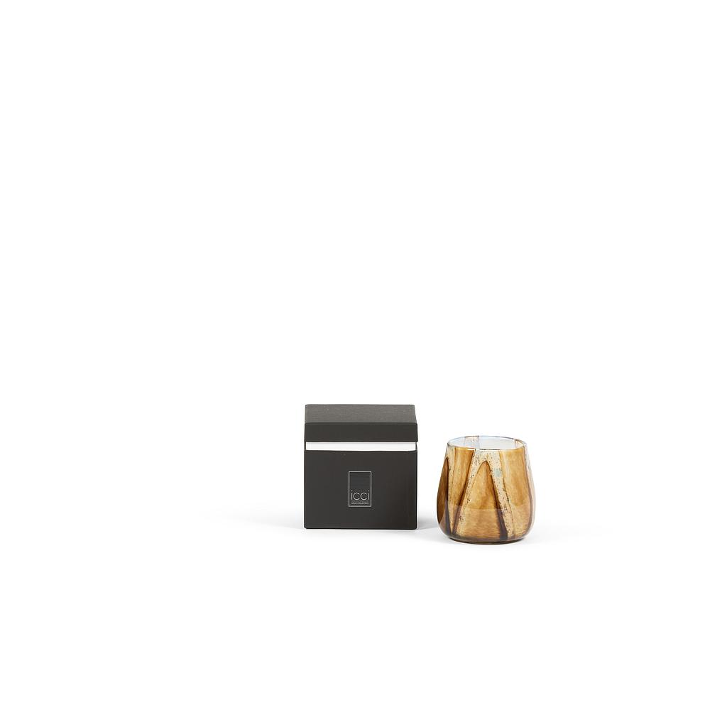 Scented candle thick ocher glass votive bowl with bark design - Ø 12x11cm - 1 - int. cot. - p/4