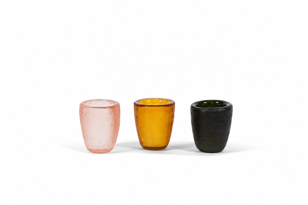 Cross cut Tlight holders, set of 4 - glass - copper or gold or steelgrey - Ø 7,5x9cm - p/4/32