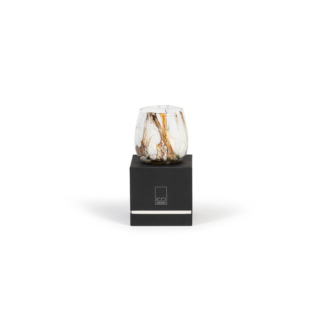 Amber brown glass vase with white spots and lava finish - Ø 15x14cm - 2 - int. cot. - p/2/1