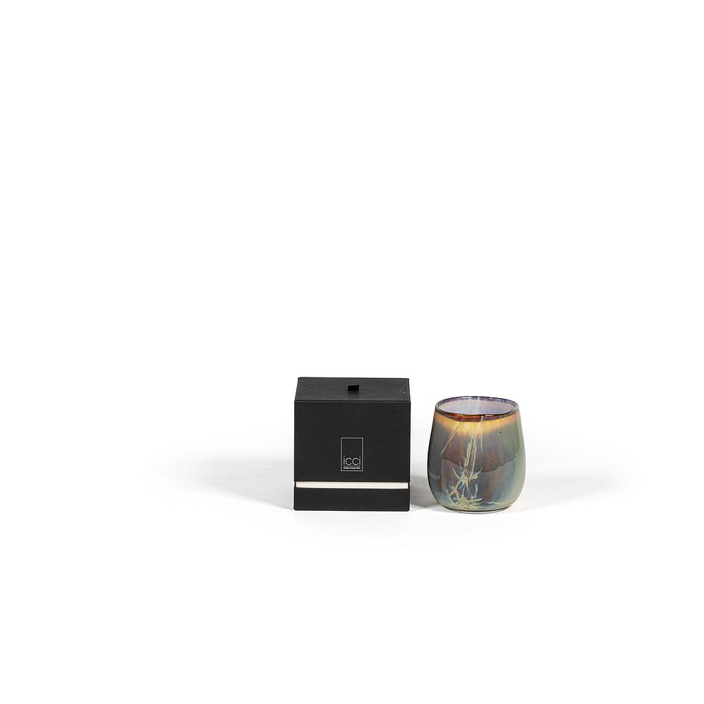 Scented candle with jagged lines design green/brown - large Ø15x14cm - 3 - int. cot. - p/2