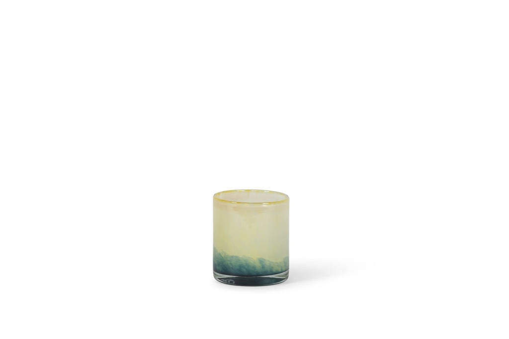 Thick votive cylinder with green to ochre design - glass - green/ocher  - Ø11x12cm - p/6