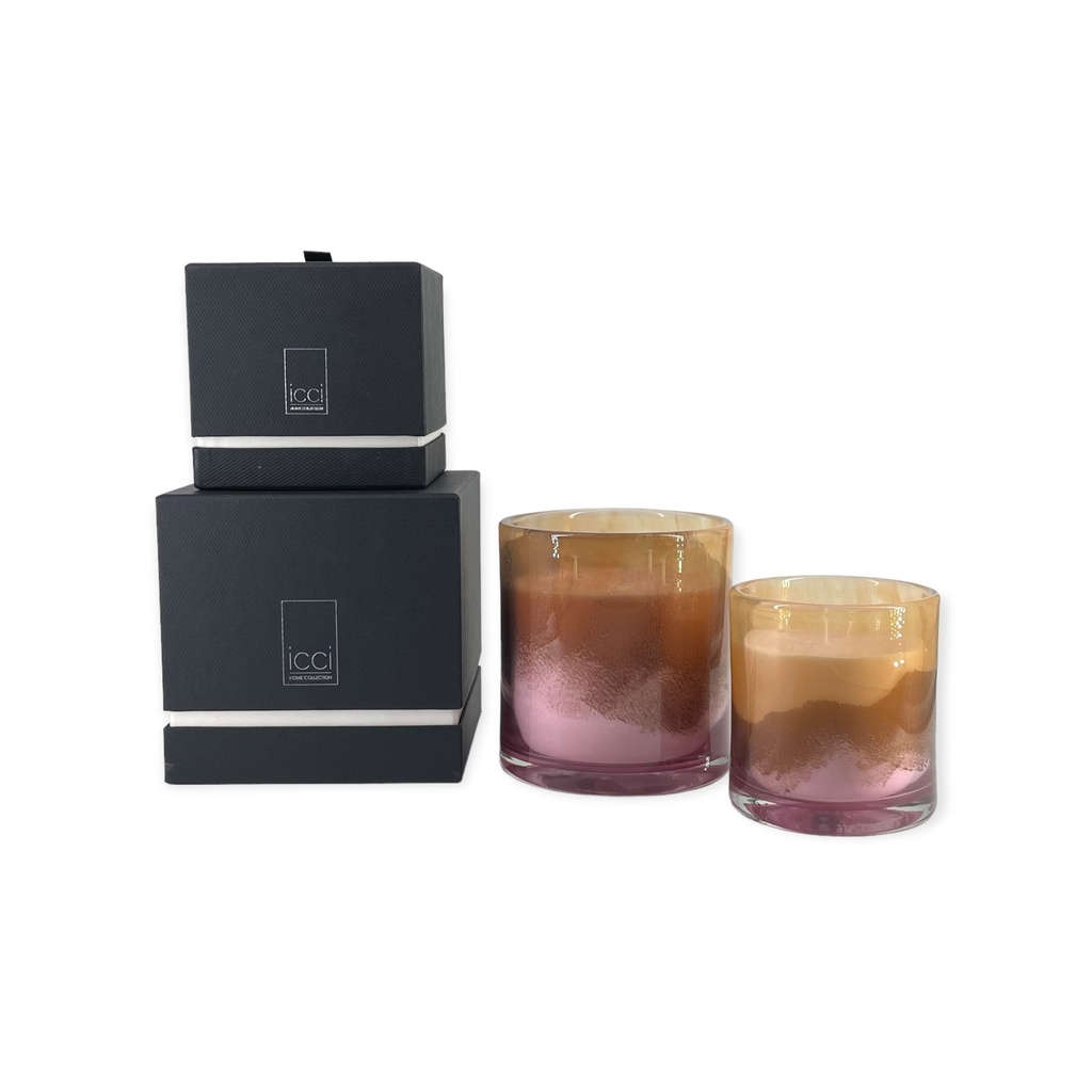 Scented candle cylinder with pink to orange design - Ø 14x15cm - 3 - int. cot. - p/2