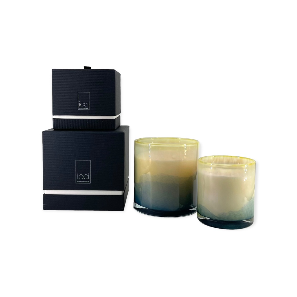 Scented candle cylinder with green to ochre design - Ø 11x12cm - 2 - int. cot. - p/4