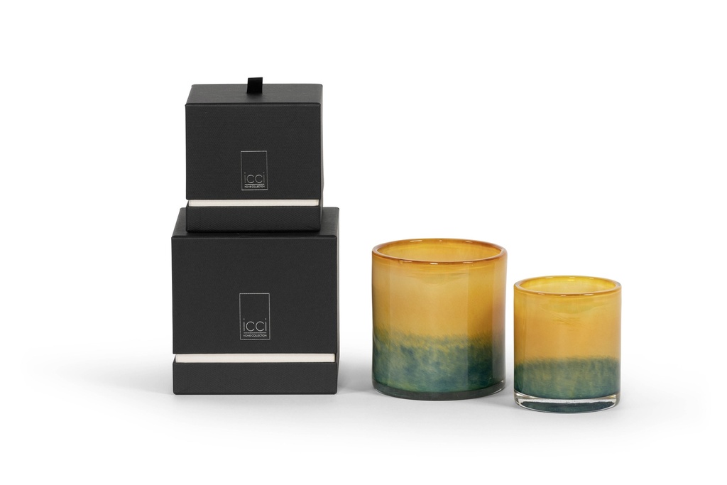 Scented candle cylinder with green to ochre design - Ø 14x15cm - 3 - int. cot. - p/2