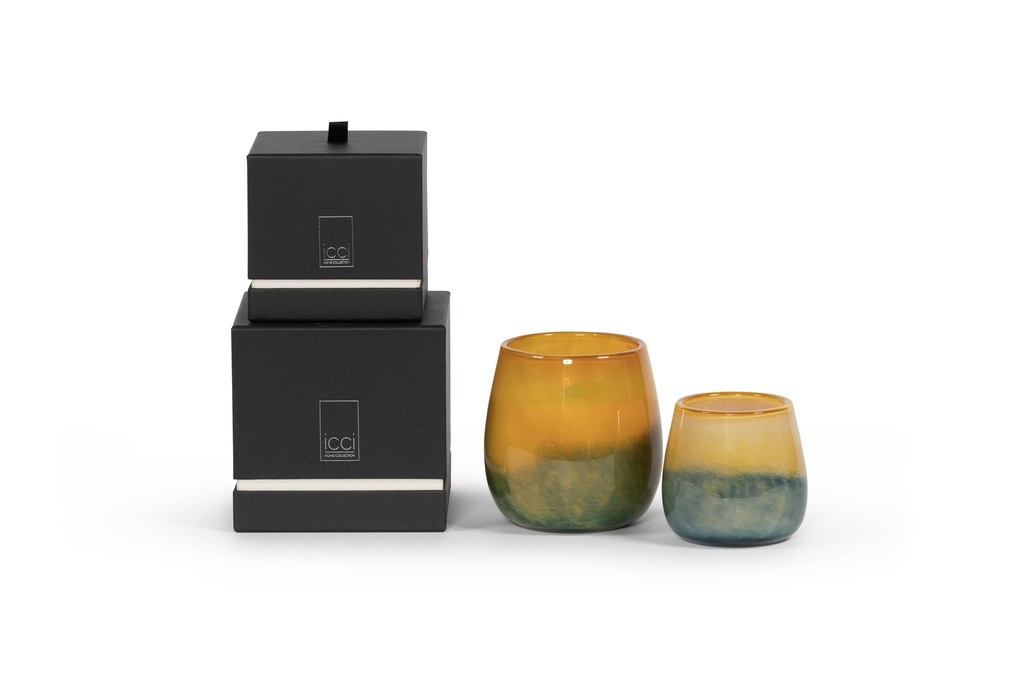 Scented candle bowl with green to ochre design - Ø15x14cm - 3 - int. cot. - p/2