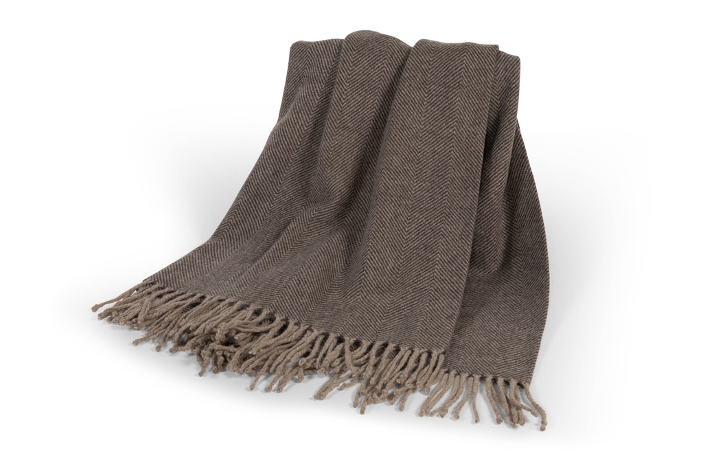 Plaid Handloom Woven Marino With Fringes - Wool - Mushroom/Brown - 140cm x 200cm - p/1