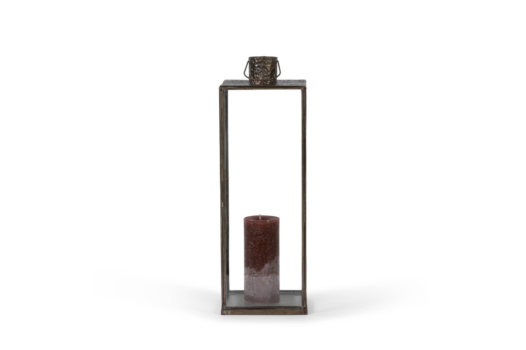 Lantern square with hammered top - iron/glass - aged antique - 21x21x60cm - p/1/4