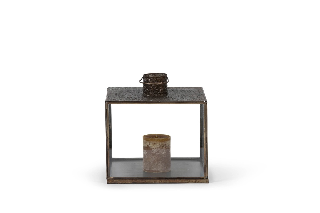 Lantern square with hammered top - iron/glass - aged antique  - 30x30x40cm - p/1