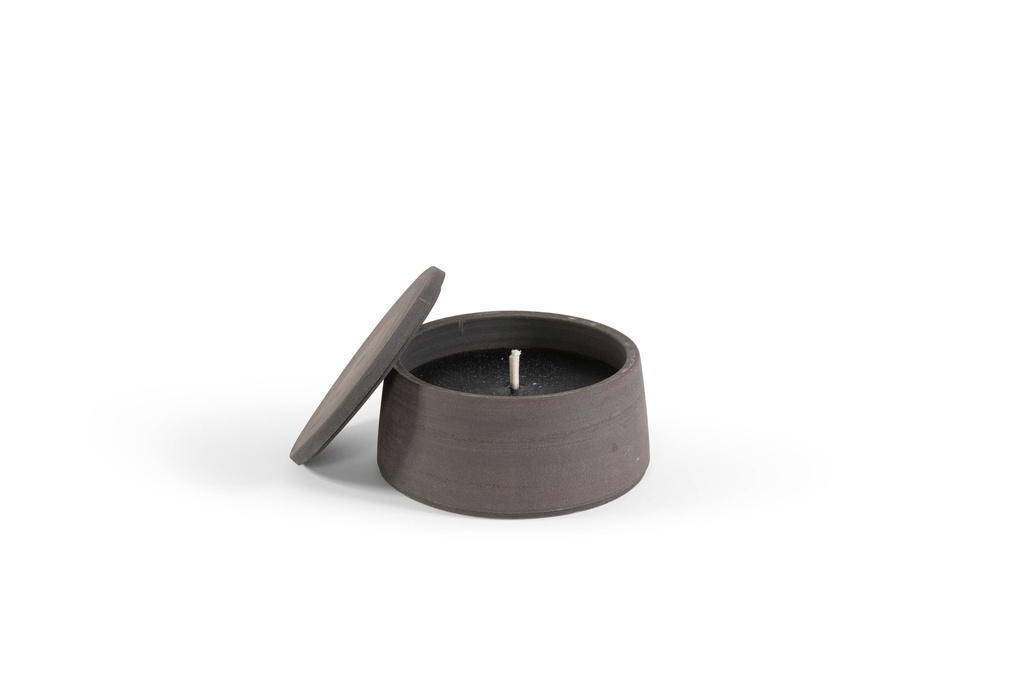 Dark brown terracotta scented (Lavender / Rosemary / Pine / Cinnamon / Citronella) outdoor candle - Conical with cover in Black Giftbox - Ø 23x12cm - 1 ext. cot. - p /2