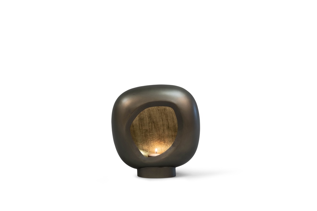 Standing organic egg Tlight holder - metal - nickel antique outside, antique gold leafing - 20x8,5x22cm - p/1/8