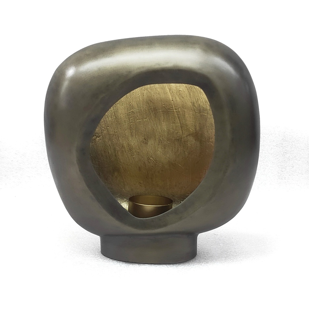 Standing organic egg Tlight holder - metal - nickel antique outside, antique gold leafing - 20x8,5x22cm - p/2/8