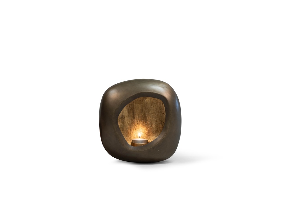 Hanging organic egg Tlight holder - metal - nickel antique outside, antique gold leafing - 22x8,5x22cm - p/1/8