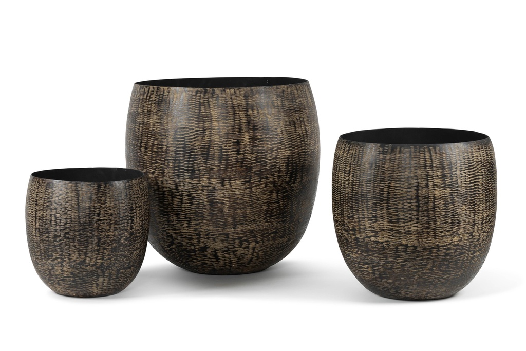 Planters aluminium with yellow brown texture - set of 3 - Ø 33x31cm/Ø 41x41cm/Ø 53x52cm - p/1 set