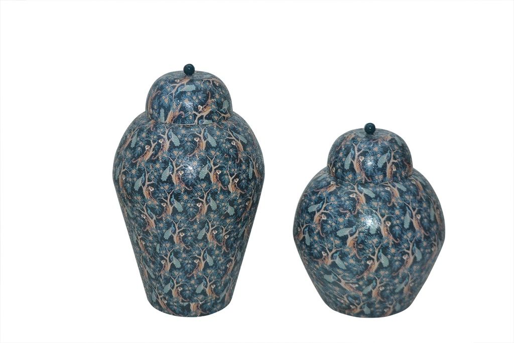 Vase crackeled glass tiger in jungle - with lid - large - Ø 35x59cm - p/1/2