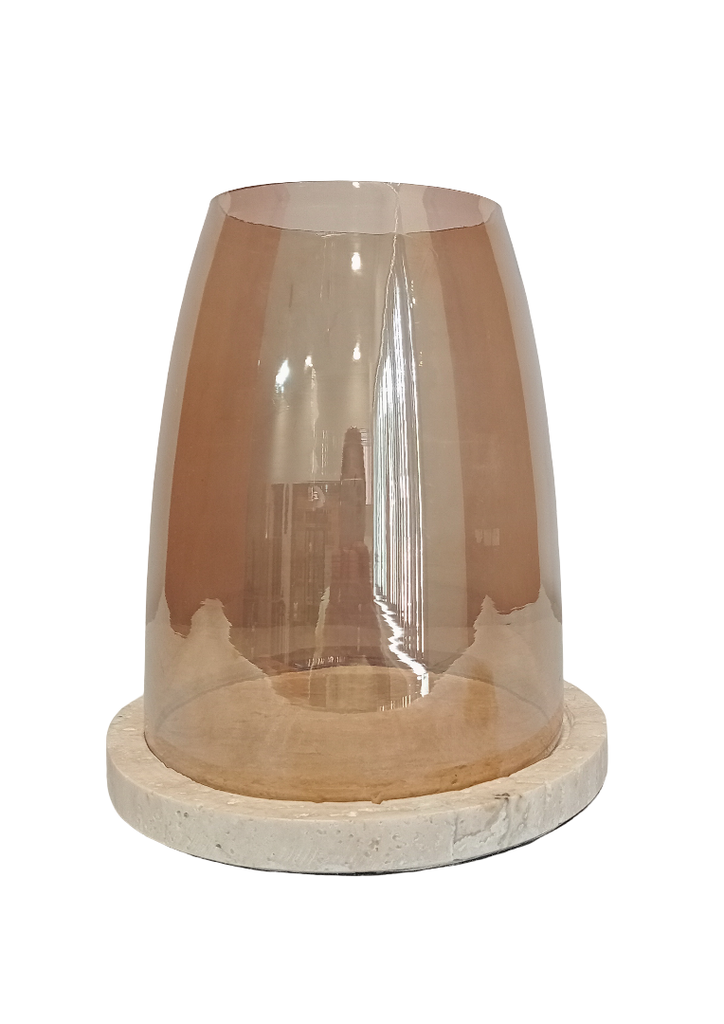 Hurricane travertine base with smoke luster glass - small - Ø19,5x22cm - 1/4