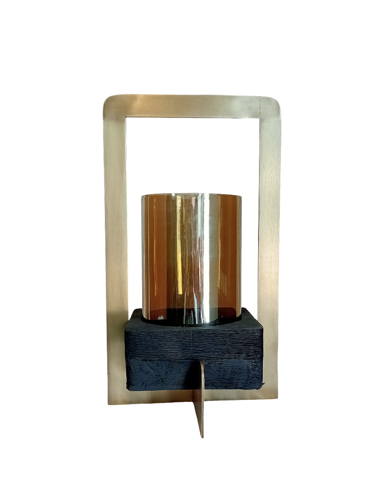 Lantern brass antique with black brushed base & smoke luster glass - small - 18x18x30cm - 1/4