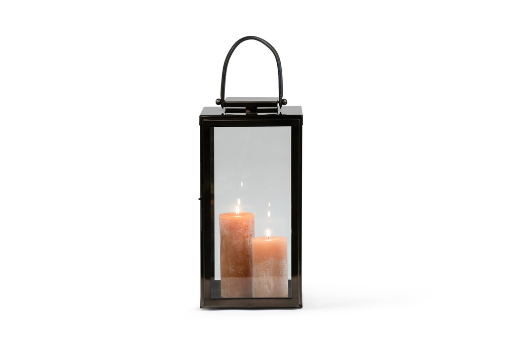 Lantern black nickel with plain glass & leather handle - medium - 24x24x51cm - 1/1