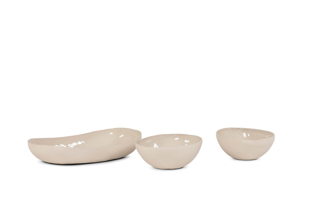 Bowl organic enamel inside - texture outside beige - set of 3 - 15x13x6,5cm / 18x16x7cm / 31x18x6cm- p1/8