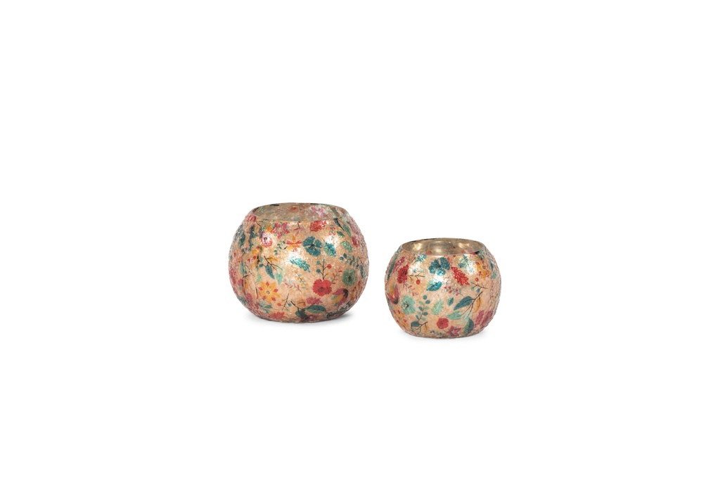 Votive boll crackeled glass - X-mas bouquet - small - Ø8x6cm - p/6/