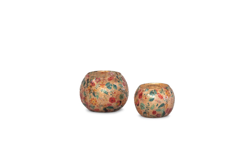 Votive boll crackeled glass - X-mas bouquet - large - Ø10x8cm - p/4/80