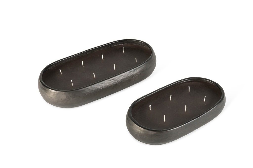 Bowl oval artistic hammered black - Set of 2 - Indoor candle - 39,5x20,5x7cm / 30x16x5cm - 8 / 6 int. cot. wicks - p/1