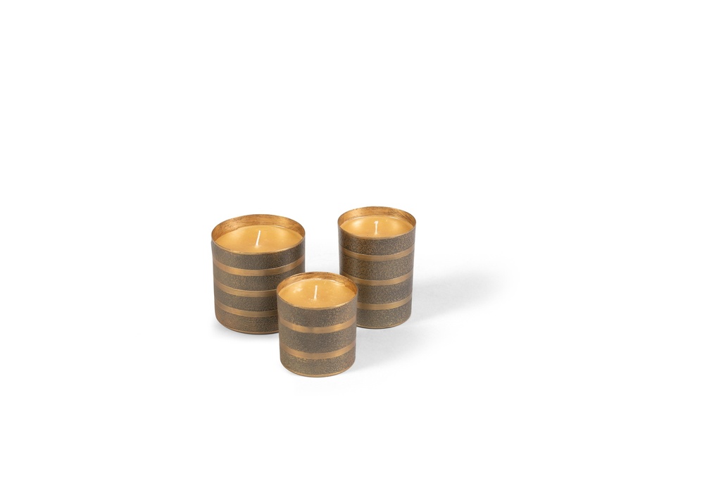 Set of 3 indoor candles - T-light holders brass antique outside / gold antique leafing - Ø7,5x7,5cm - Ø8x8cm - Ø10x10cm -  1/1/1 int. coton wick - p/2 sets