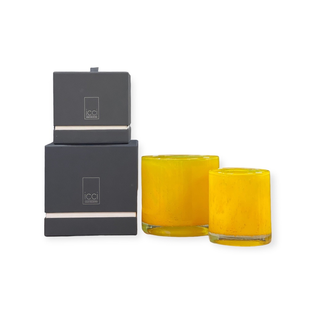 Scented candle thick glass yellow - Ø 14x15cm - 3 - int. cot. - p/4