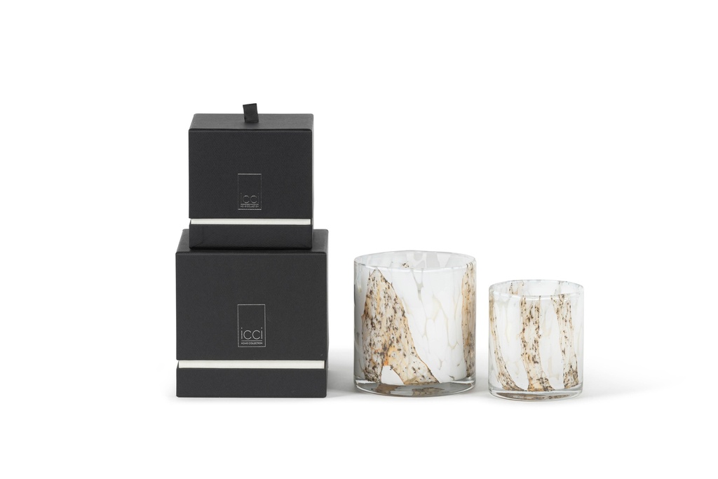 Scented candle cylindrical votive white spots & amberbrown lava - Ø 14x15cm - 3 - int. cot. - p/4